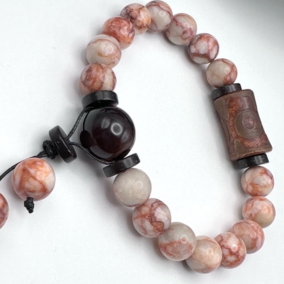 RED VEIN JASPER + 3 EYE TIBETAN AGATE NATURAL BRACELET size 7” - Picture 7 of 8